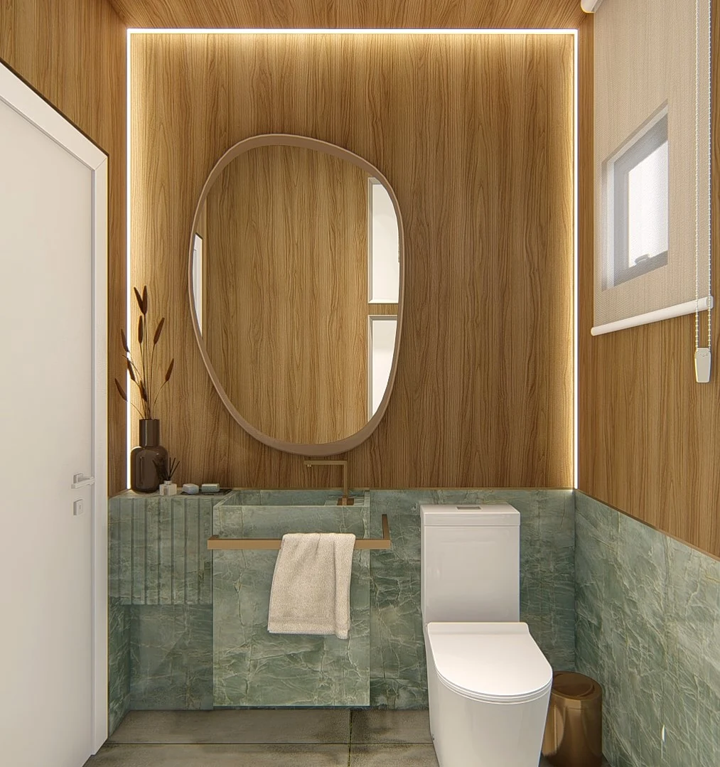 Lavabo com parede de madeira, espelho oval e revestimento verde