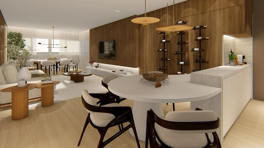 Cozinha e jantar com painel de madeira, bancada curva e pendentes de fibras