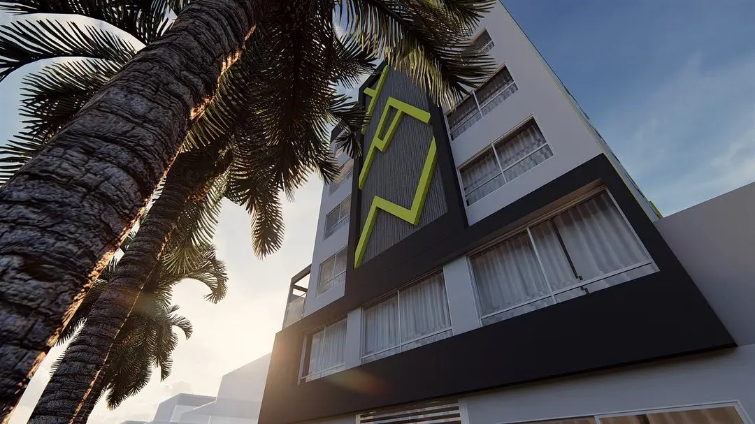 Render de fachada vista de baixo, com palmeira em primeiro plano e detalhe geométrico verde