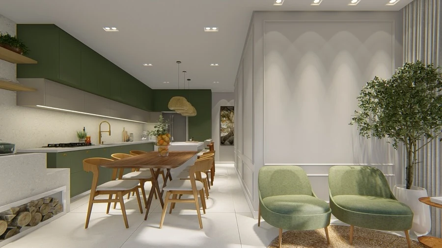 Cozinha integrada com marcenaria verde, mesa de madeira e poltronas verdes
